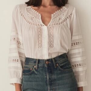 Doen Celeste Cotton Voile Lace Crochet Button Cottage Blouse Top Salt White